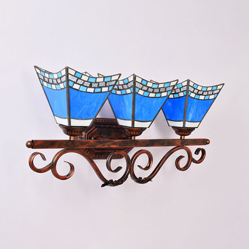 Nautical Vanity Light with Pyramid Shade Stained Glass 3 Heads Wall Sconce Lighting