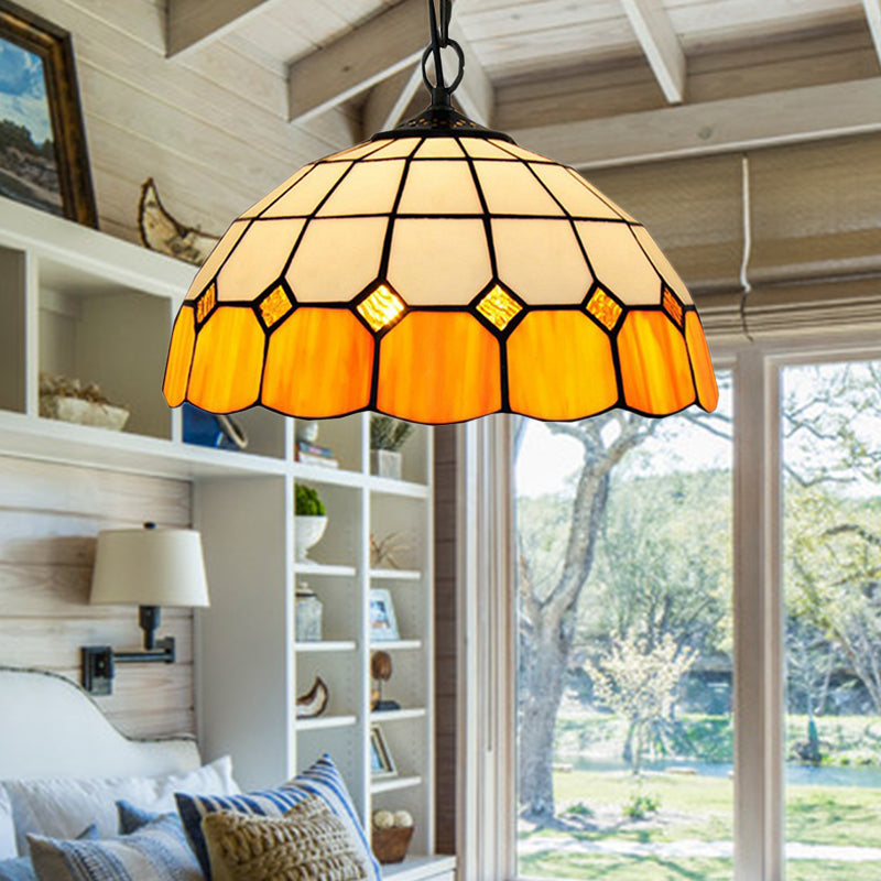 Tiffany-Style Bowl Pendant Light Fixture Single Head Stained Art Glass Down Lighting in Yellow for Living Room