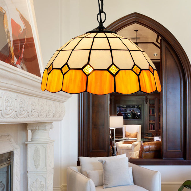 Tiffany-Style Bowl Pendant Light Fixture Single Head Stained Art Glass Down Lighting in Yellow for Living Room