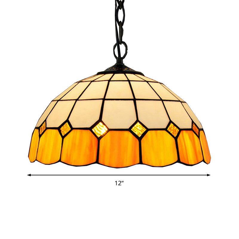 Tiffany-Style Bowl Pendant Light Fixture Single Head Stained Art Glass Down Lighting in Yellow for Living Room