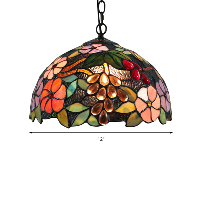 Victorian Floral Suspension Lighting 1 Head Black Stained Art Glass Pendant Light Fixture with Adjustable Metal Chain