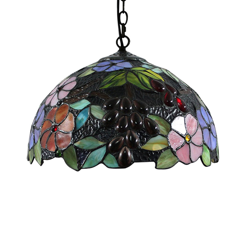 Victorian Floral Suspension Lighting 1 Head Black Stained Art Glass Pendant Light Fixture with Adjustable Metal Chain