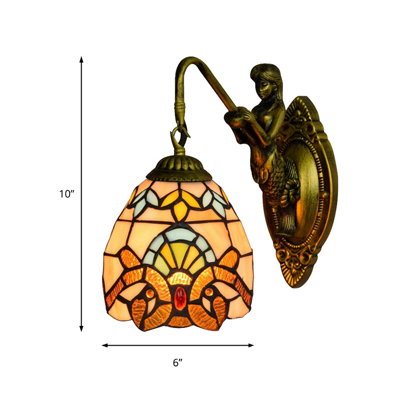 Antique Brass 1 Head Wall Mounted Light Tiffany Multicolor Stained Glass Dome Sconce Light