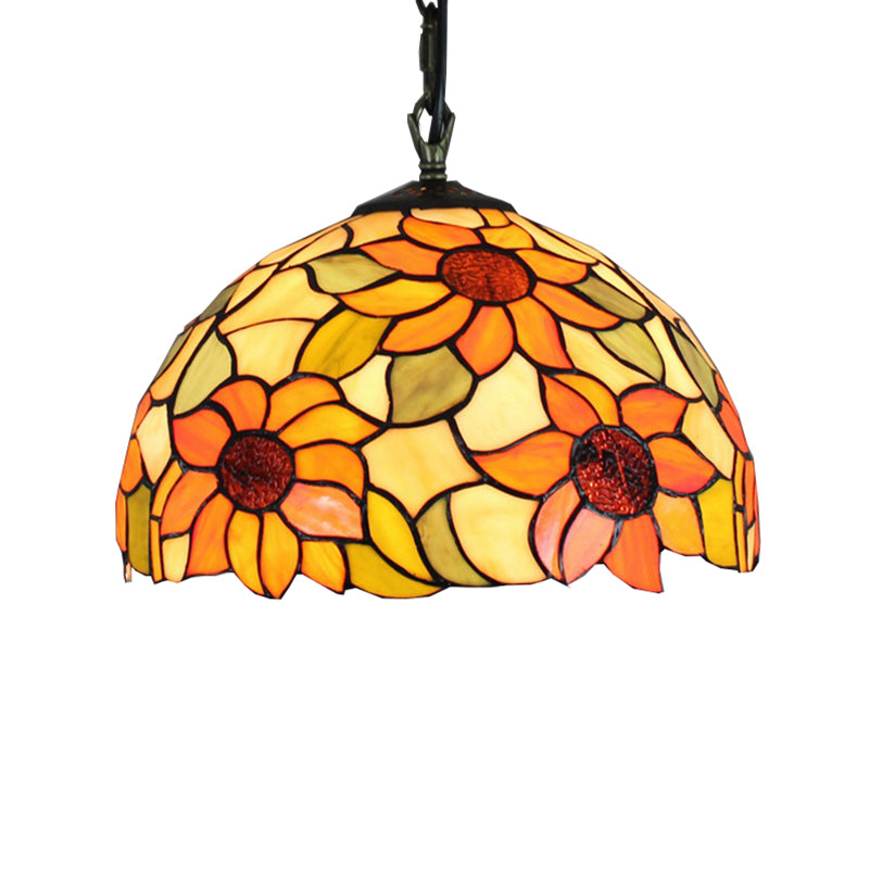 1 Bulb Living Room Hanging Lamp Tiffany Ceiling Pendant Light with Sunflower Orange Cut Glass Shade