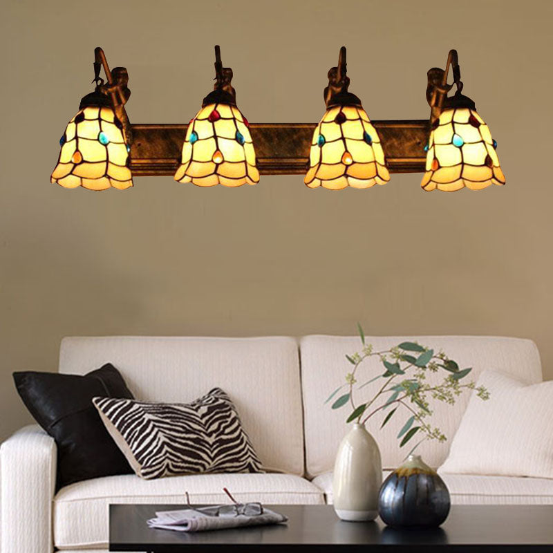 4 Lights Grid Patterned Sconce Light Tiffany Beige Glass Wall Mount Light Fixture