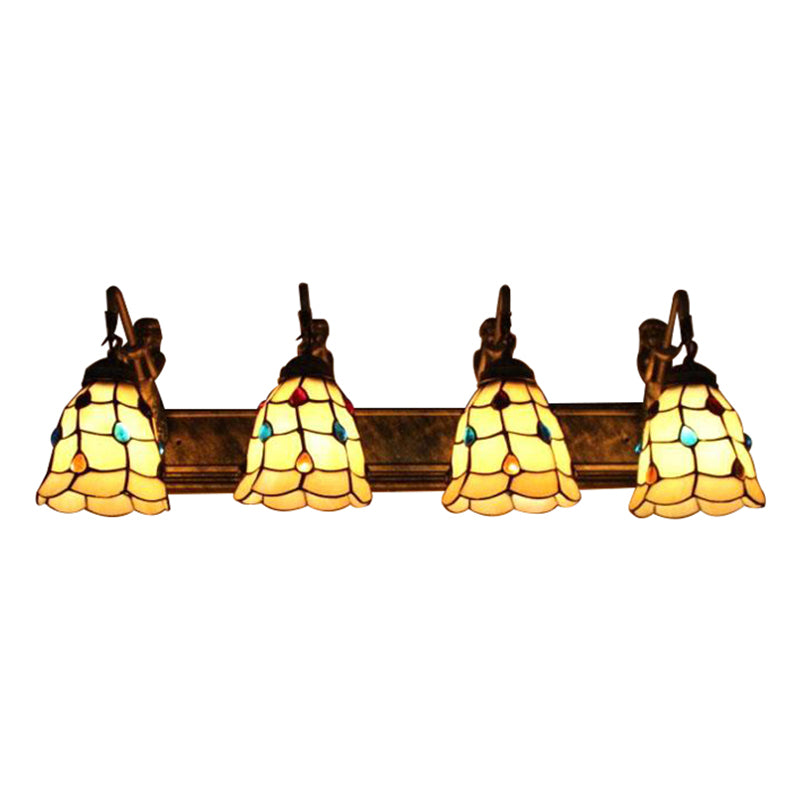 4 Lights Grid Patterned Sconce Light Tiffany Beige Glass Wall Mount Light Fixture