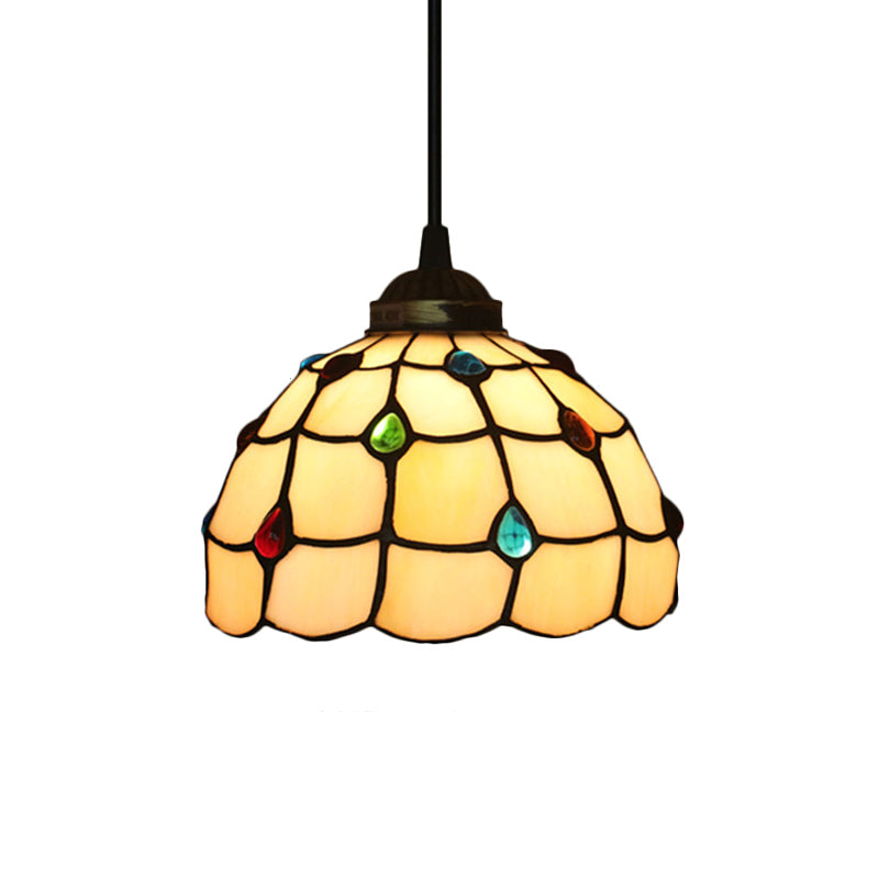 Stained Glass Beige Pendant Lamp Beaded 1 Bulb Tiffany Hanging Light Kit for Study, 8"/12" Wide