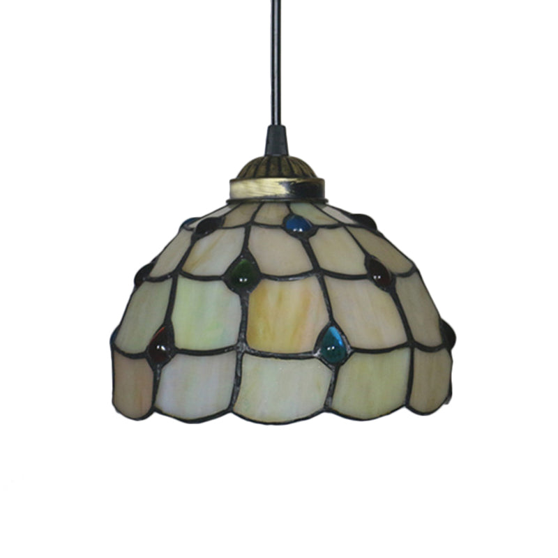 Stained Glass Beige Pendant Lamp Beaded 1 Bulb Tiffany Hanging Light Kit for Study, 8"/12" Wide