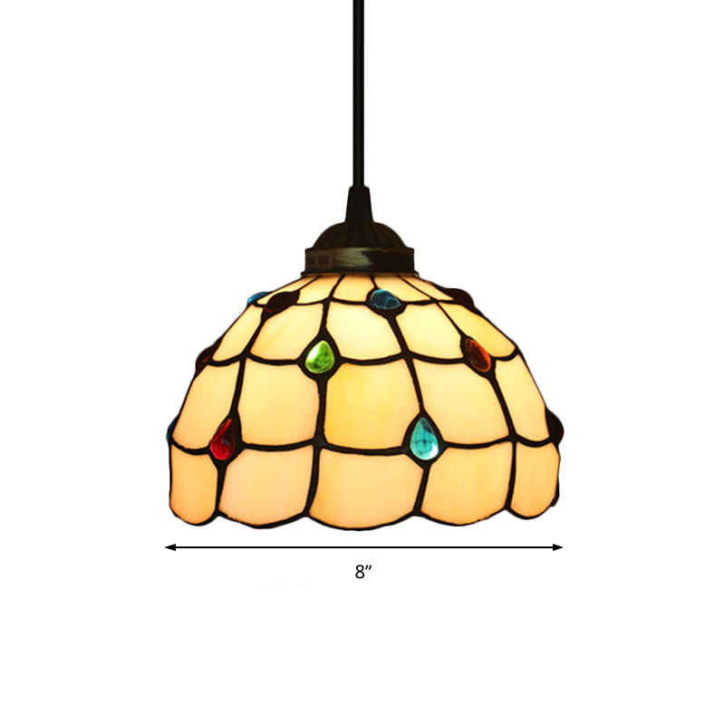 Stained Glass Beige Pendant Lamp Beaded 1 Bulb Tiffany Hanging Light Kit for Study, 8"/12" Wide
