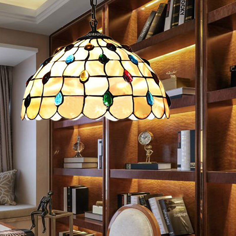 Stained Glass Beige Pendant Lamp Beaded 1 Bulb Tiffany Hanging Light Kit for Study, 8"/12" Wide