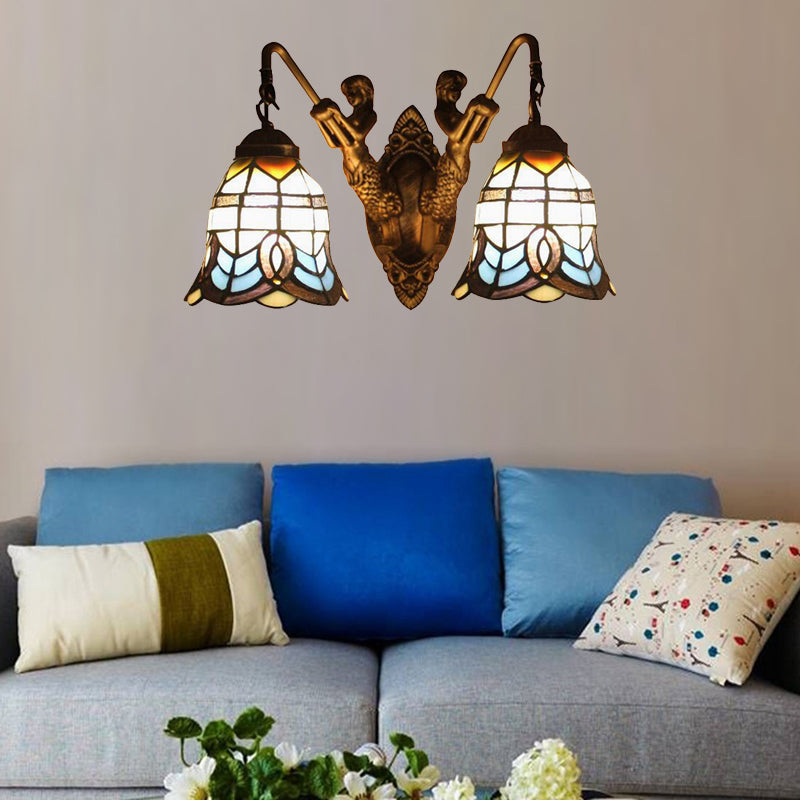 Baroque Wall Mount Light with Bell Shade and Mermaid Stained Glass Wall Lamp in Antique Brass for Foyer