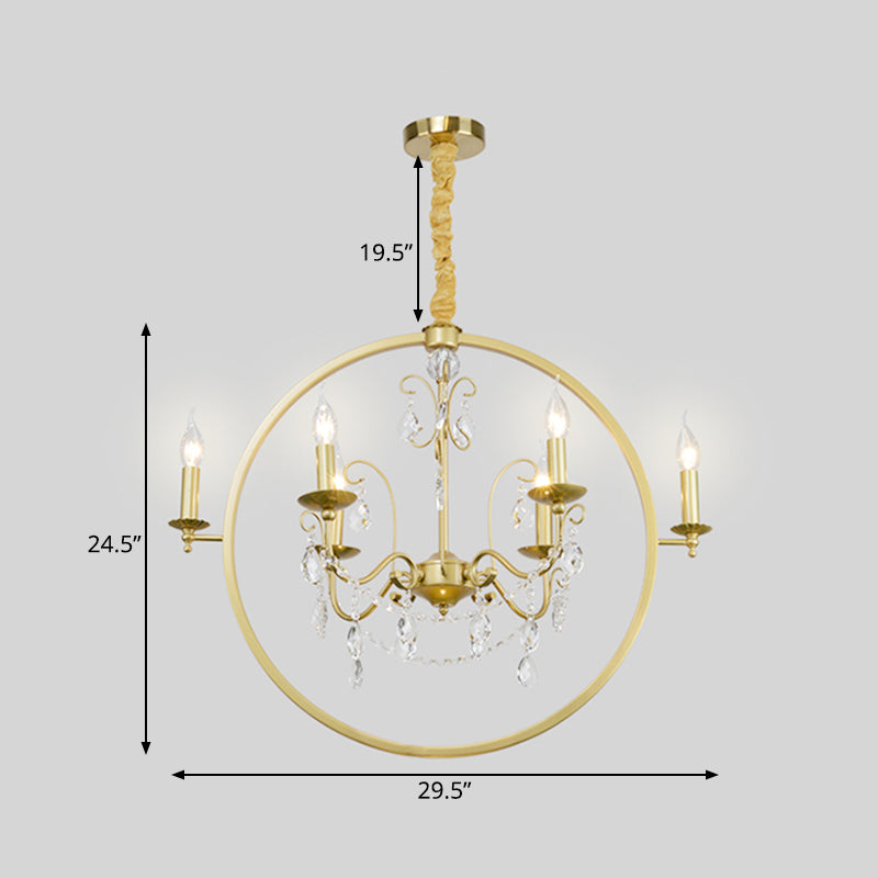 Metallic Golden Ceiling Pendant Circular 6/8-Head Colonial Style Chandelier Light with Crystal Draping