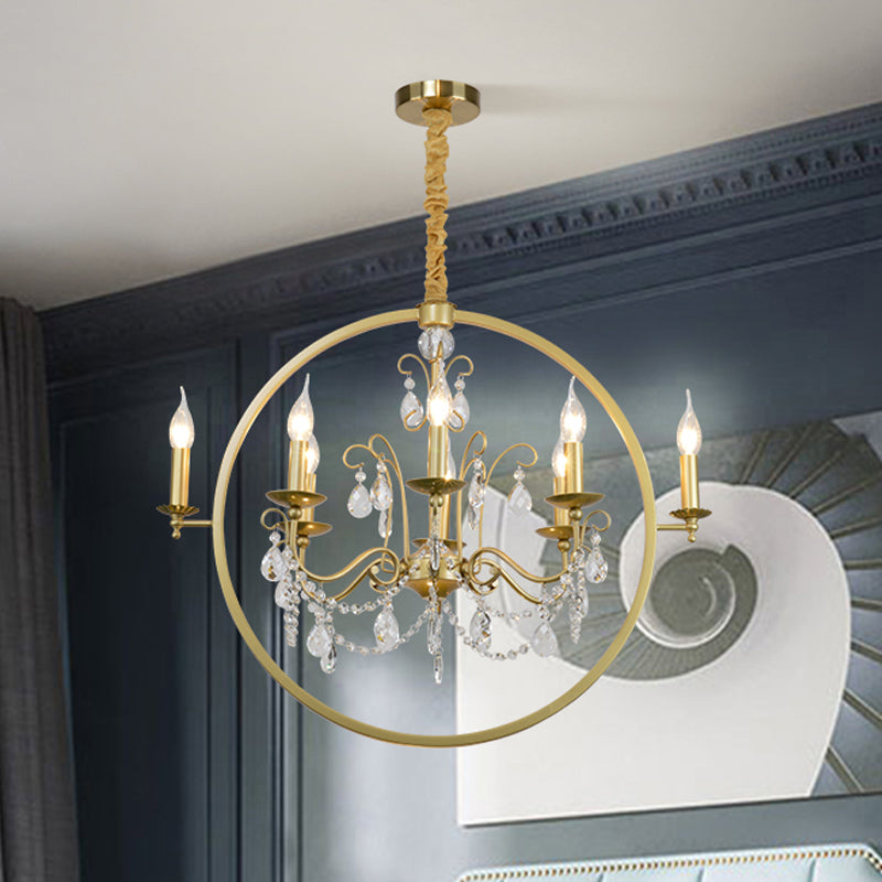 Metallic Golden Ceiling Pendant Circular 6/8-Head Colonial Style Chandelier Light with Crystal Draping