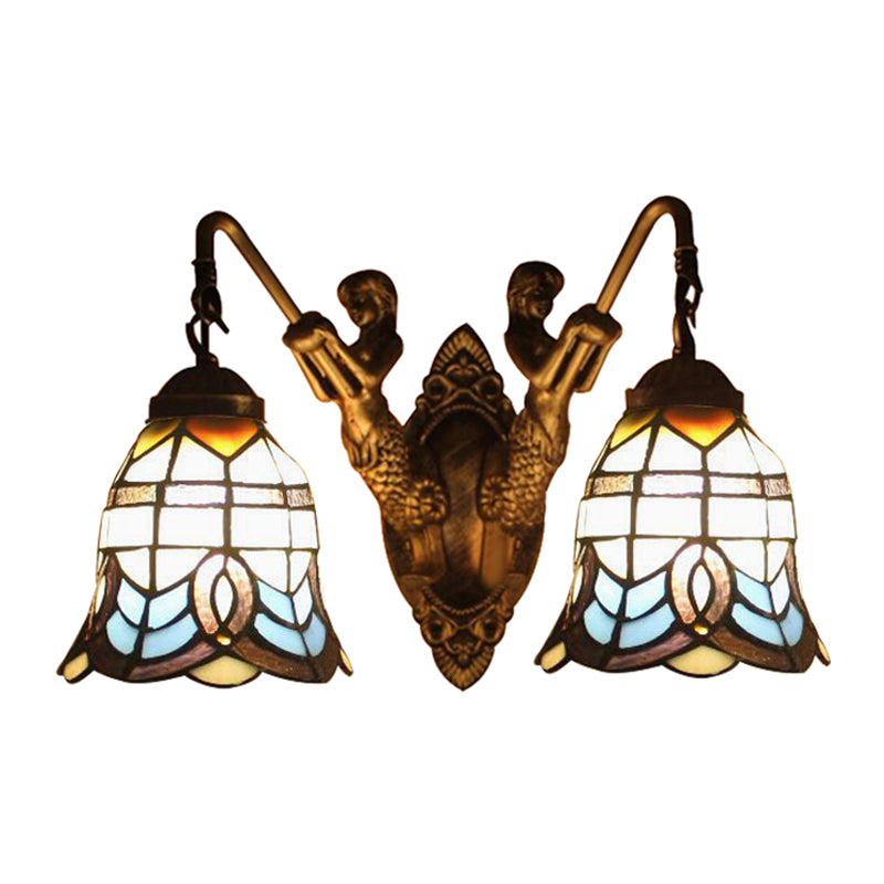 Baroque Wall Mount Light with Bell Shade and Mermaid Stained Glass Wall Lamp in Antique Brass for Foyer