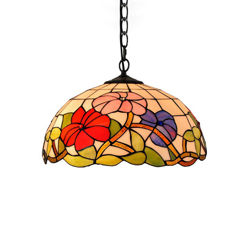 Floral Suspension Light Tiffany Stained Glass 1 Head Black Pendent Ceiling Light for Living Room