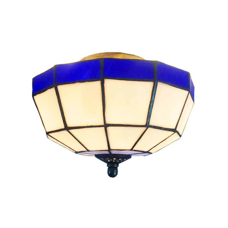 Bowl Flush Ceiling Light Tiffany Style 1 Light Stained Glass Flush Light in Blue and White for Foyer