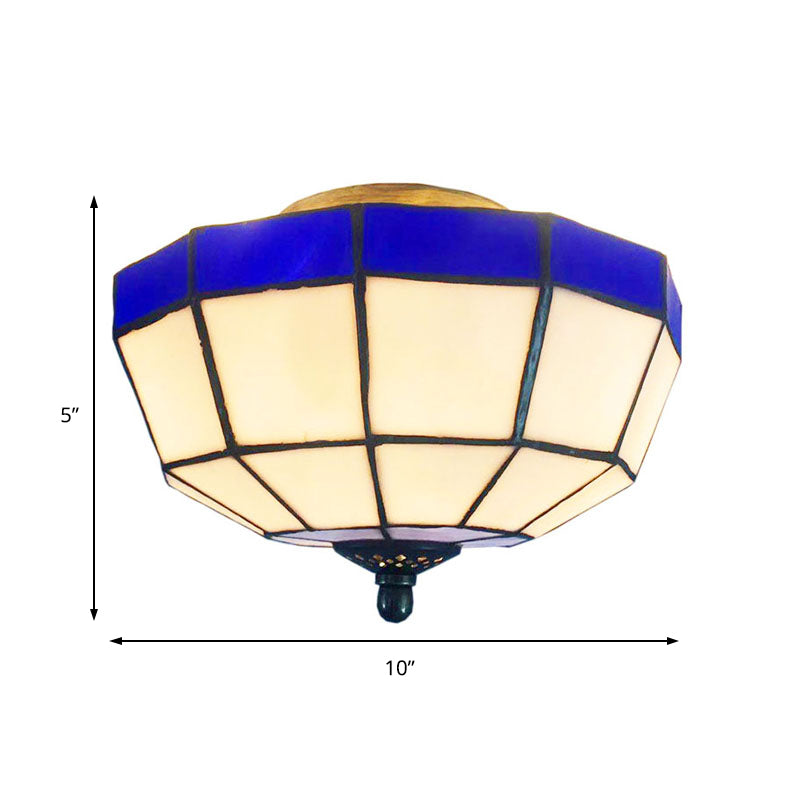 Bowl Flush Ceiling Light Tiffany Style 1 Light Stained Glass Flush Light in Blue and White for Foyer
