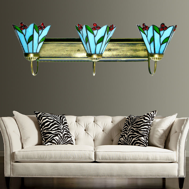 Blue Lily Sconce Light Tiffany 3 Heads Multicolor Stained Glass Wall Mounted Light for Living Room