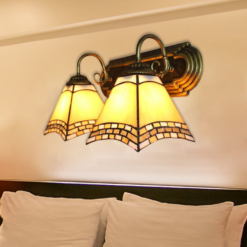 Tiffany Loft Pyramid Wall Light Stained Glass 2 Heads Wall Mount Light in Amber for Bedroom