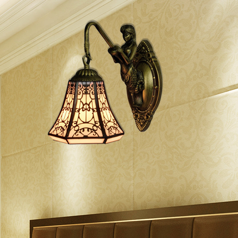 Antique Bronze 1 Head Wall Mounted Light Tiffany White Glass Flared Sconce Lighting