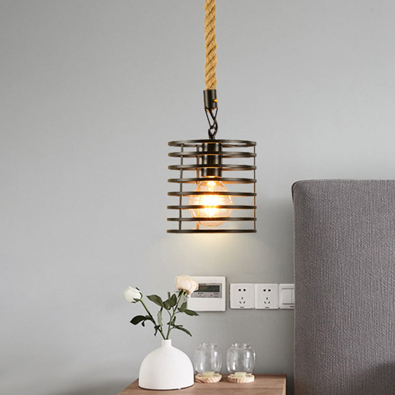 1 Light Metal and Rope Hanging Light Farmhouse Style Black Globe/Cylinder/Barrel Cage Dining Room Pendant Lamp