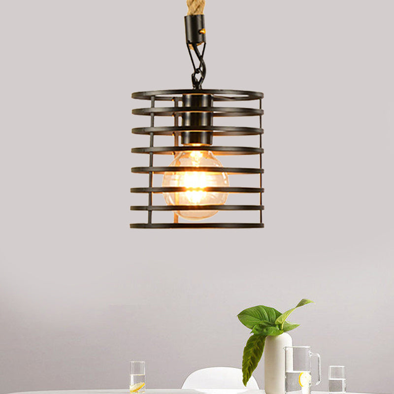 1 Light Metal and Rope Hanging Light Farmhouse Style Black Globe/Cylinder/Barrel Cage Dining Room Pendant Lamp