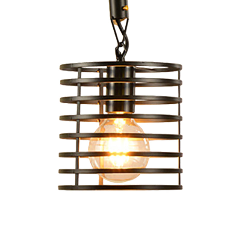 1 Light Metal and Rope Hanging Light Farmhouse Style Black Globe/Cylinder/Barrel Cage Dining Room Pendant Lamp