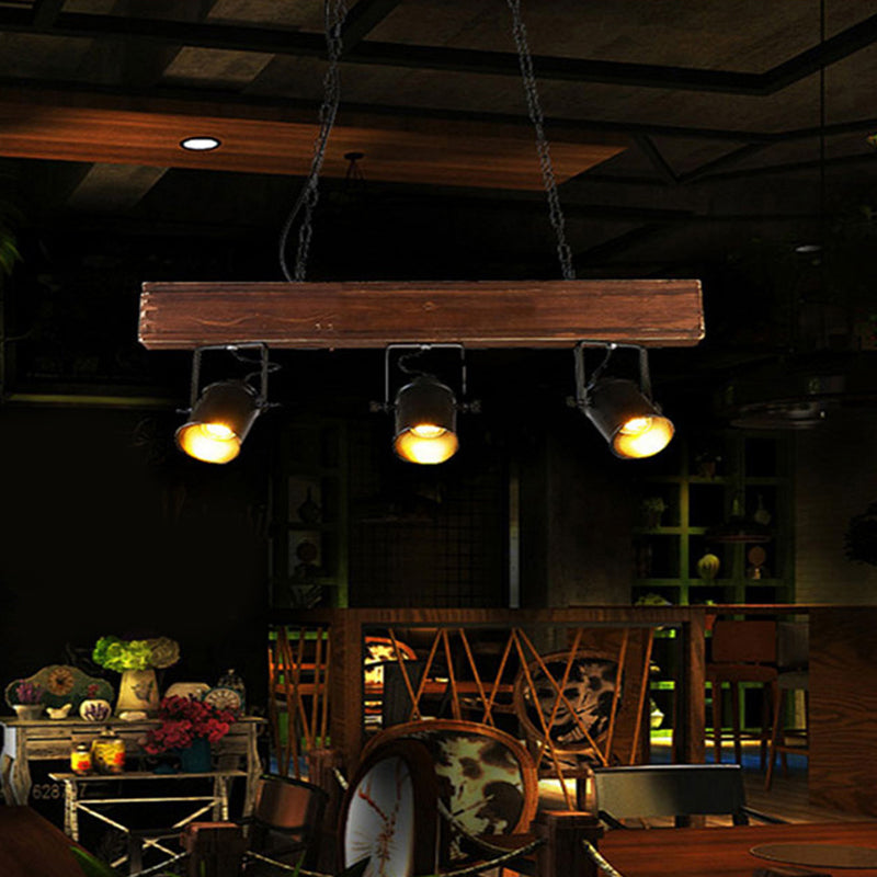 Barrel Shade Metal Island Pendant Light Vintage 3 Heads Restaurant Island Lighting with Linear Wooden Beam in Black