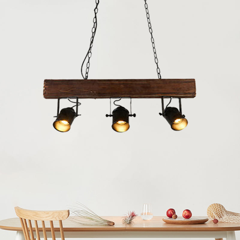 Barrel Shade Metal Island Pendant Light Vintage 3 Heads Restaurant Island Lighting with Linear Wooden Beam in Black