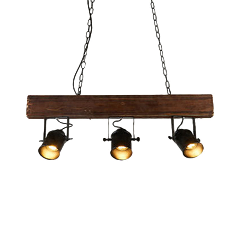Barrel Shade Metal Island Pendant Light Vintage 3 Heads Restaurant Island Lighting with Linear Wooden Beam in Black