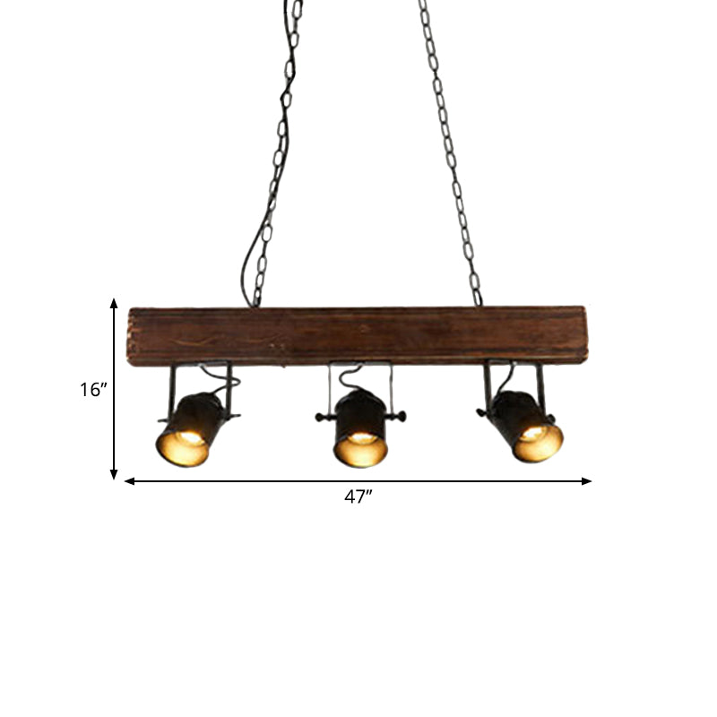 Barrel Shade Metal Island Pendant Light Vintage 3 Heads Restaurant Island Lighting with Linear Wooden Beam in Black