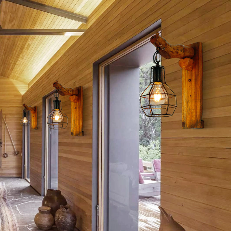 Kugelkäfigschlafzimmerleuchter leichter Vintage Stylish Metal 1 Glühbirne Schwarze Wand Hanging Lampe mit Holzrückenplatte