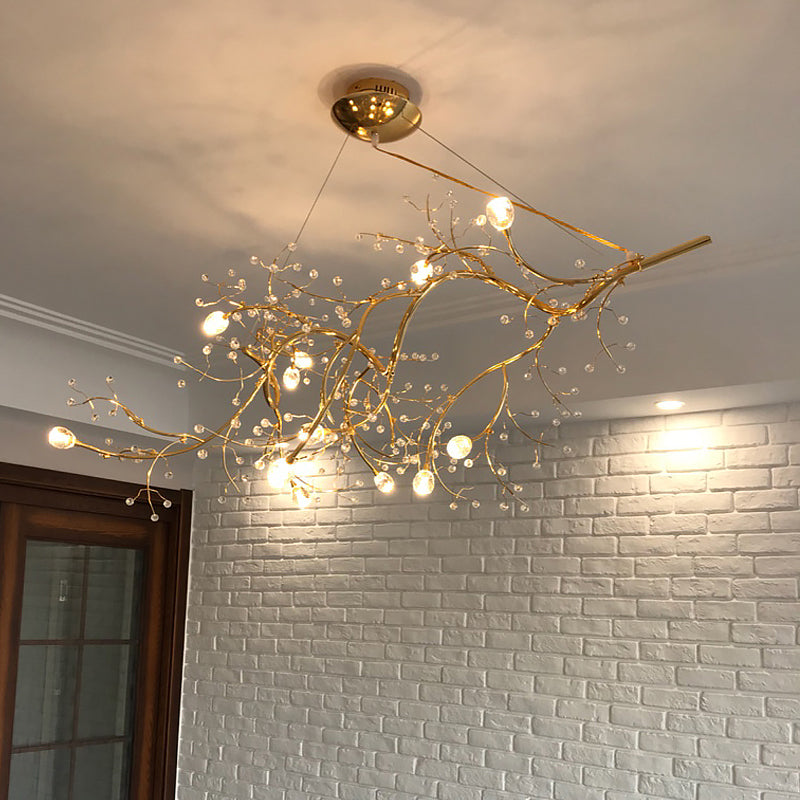 Metallic Thin Branch Chandelier with Crystal Bead 10 Lights Romantic Suspension Light for Boutique