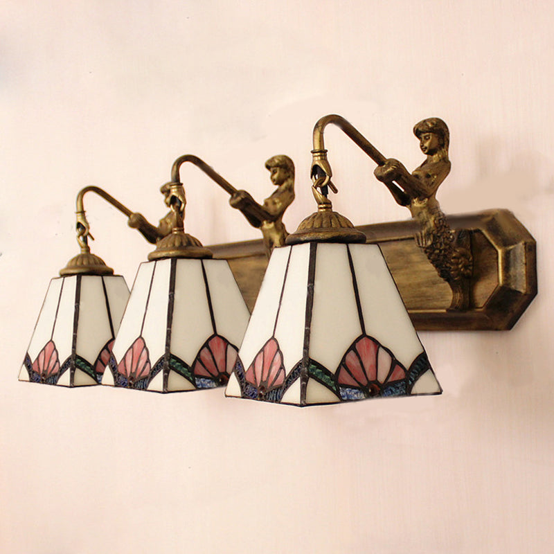 Trapezoid Wall Mount Light Tiffany White Glass 3 Lights Brass Vanity Light Fixture with Mermaid Decoration
