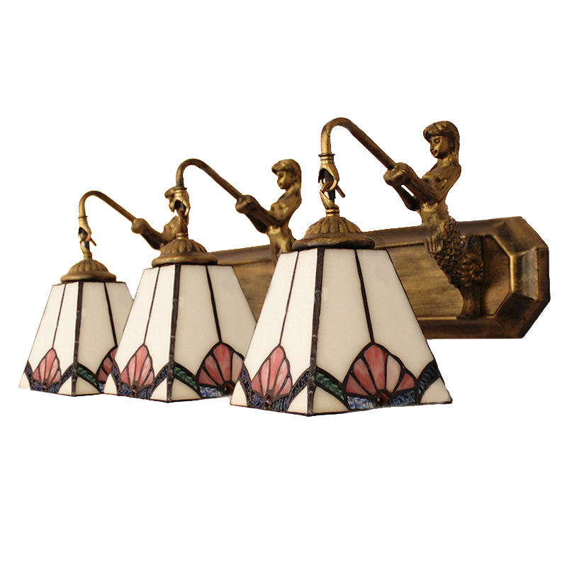 Trapezoid Wall Mount Light Tiffany White Glass 3 Lights Brass Vanity Light Fixture with Mermaid Decoration