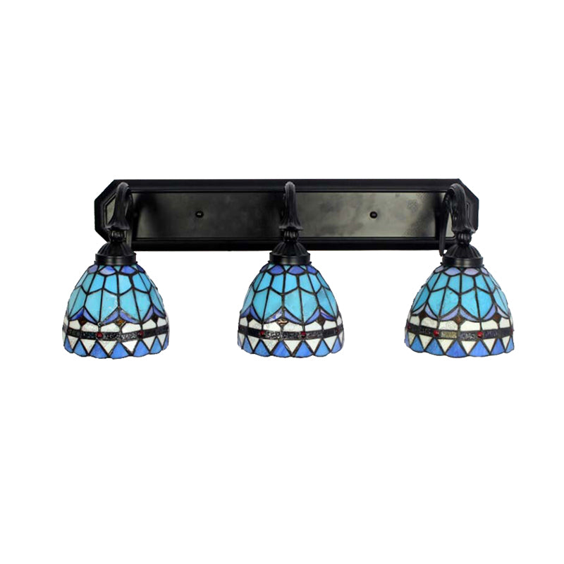 3 Heads Bowl Wall Mount Light Baroque Style Stained Glass Bathroom Vanity Light in Black Finish