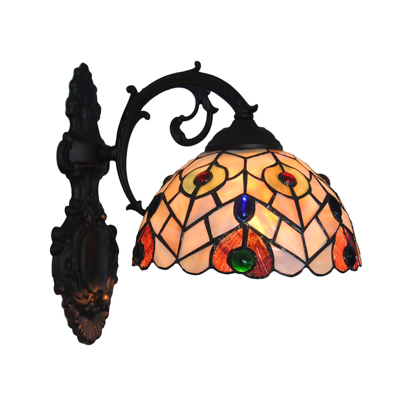 Rustic Loft Dome Wall Sconce Stained Glass 1 Head Wall Mount Light with Curved Arm for Dining Room