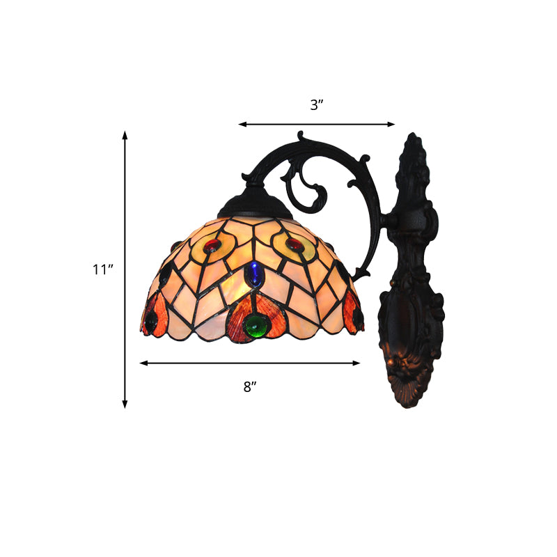 Rustic Loft Dome Wall Sconce Stained Glass 1 Head Wall Mount Light with Curved Arm for Dining Room