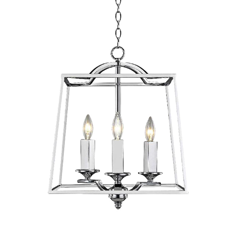 Polished Silver 3 Heads Pendant Light Industrial Style Metal Trapezoid Cage Hanging Ceiling Fixture
