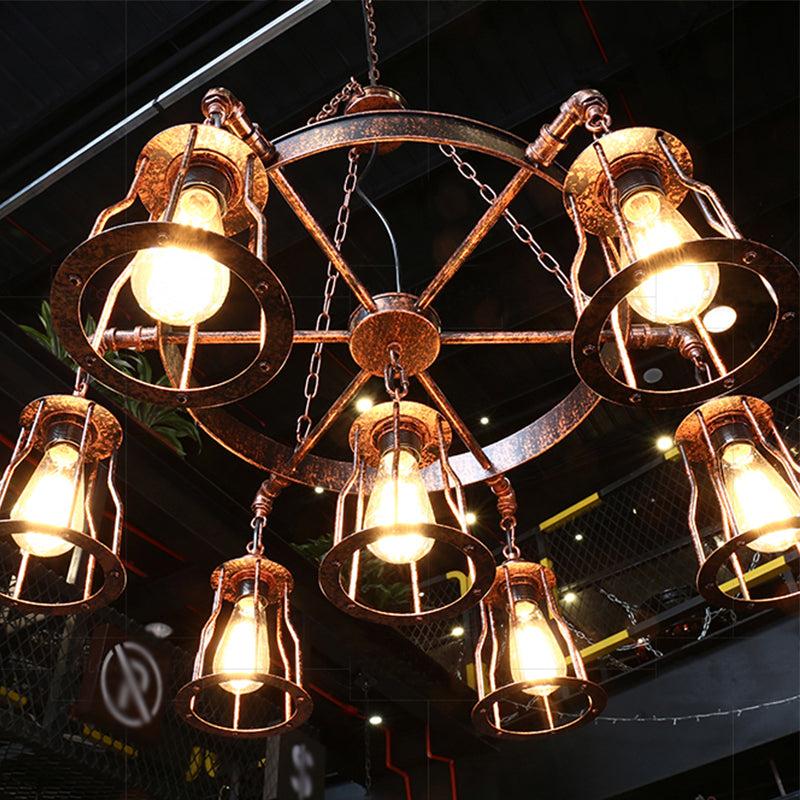 Rust 7 Lumières Pendante Lumière Ferme de cloche en fer forgé de cloche suspendue lampe à lustre avec conception de roues