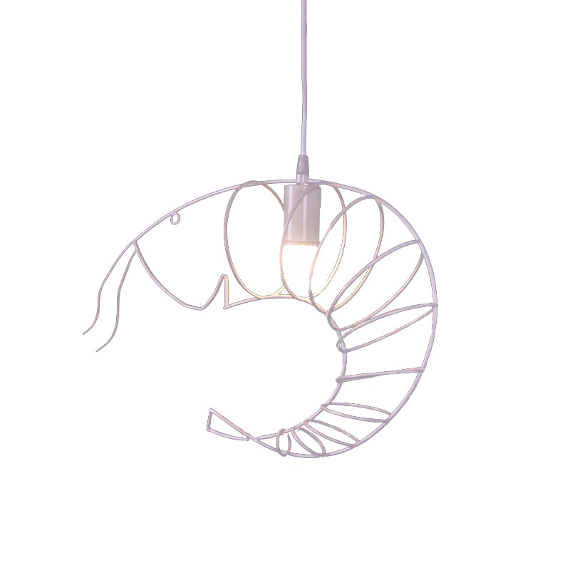 1 Light Metal Hanging Lamp Retro Stylish Black/Red/White Shrimp Dining Room Pendant Light with Wire Guard