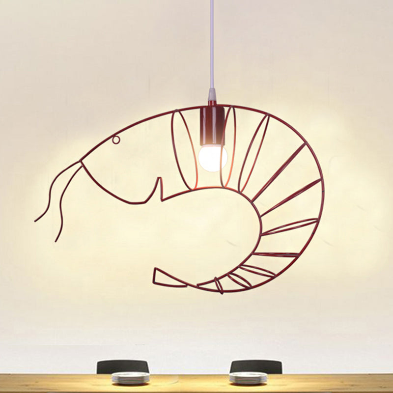 1 Light Metal Hanging Lamp Retro Stylish Black/Red/White Shrimp Dining Room Pendant Light with Wire Guard