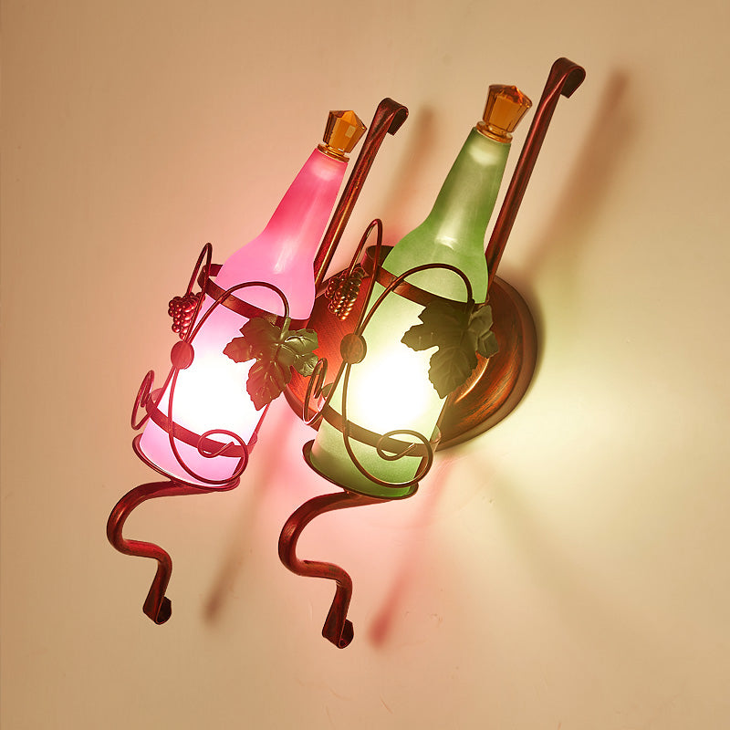 Industrieflaschenschatten Wandleuchte 2 Leuchten gefrostete Glaswandlampe mit Blatt -Deco in Grün und Rosa