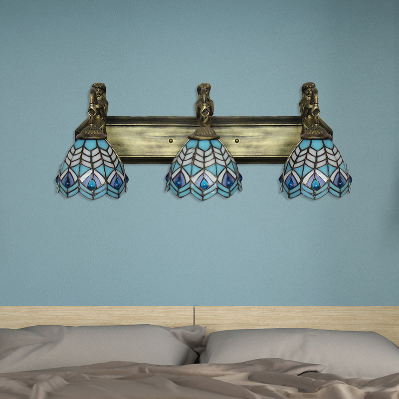 Peacock Tail Sconce Lighting Tiffany Stained Glass 3 Head Blue Wall Mounted Lighting, 6"/8" Wide