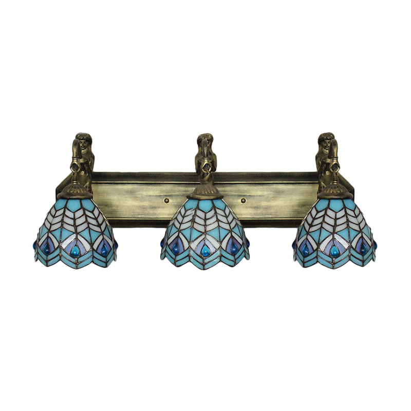 Peacock Tail Sconce Lighting Tiffany Stained Glass 3 Head Blue Wall Mounted Lighting, 6"/8" Wide