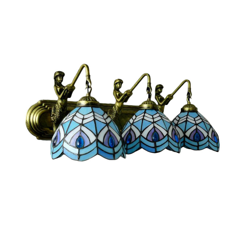 Peacock Tail Sconce Lighting Tiffany Stained Glass 3 Head Blue Wall Mounted Lighting, 6"/8" Wide