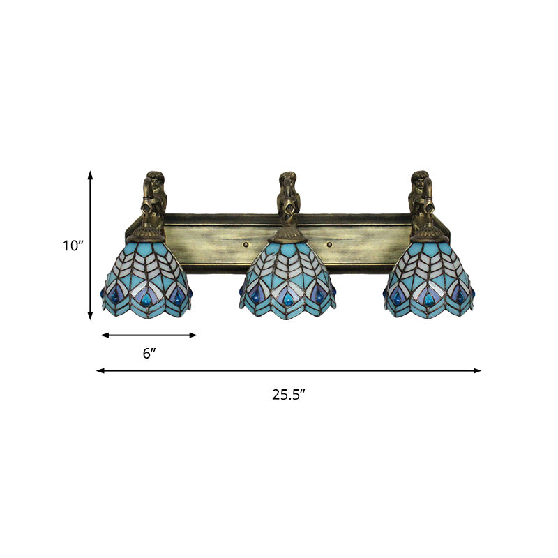 Peacock Tail Sconce Lighting Tiffany Stained Glass 3 Head Blue Wall Mounted Lighting, 6"/8" Wide