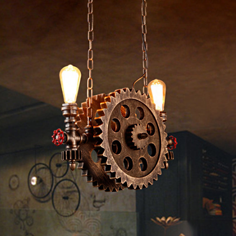 Antique Stylish Gear Pendant Light with Exposed Bulb 2 Lights Metallic Island Pendant Light in Rust for Dining Room
