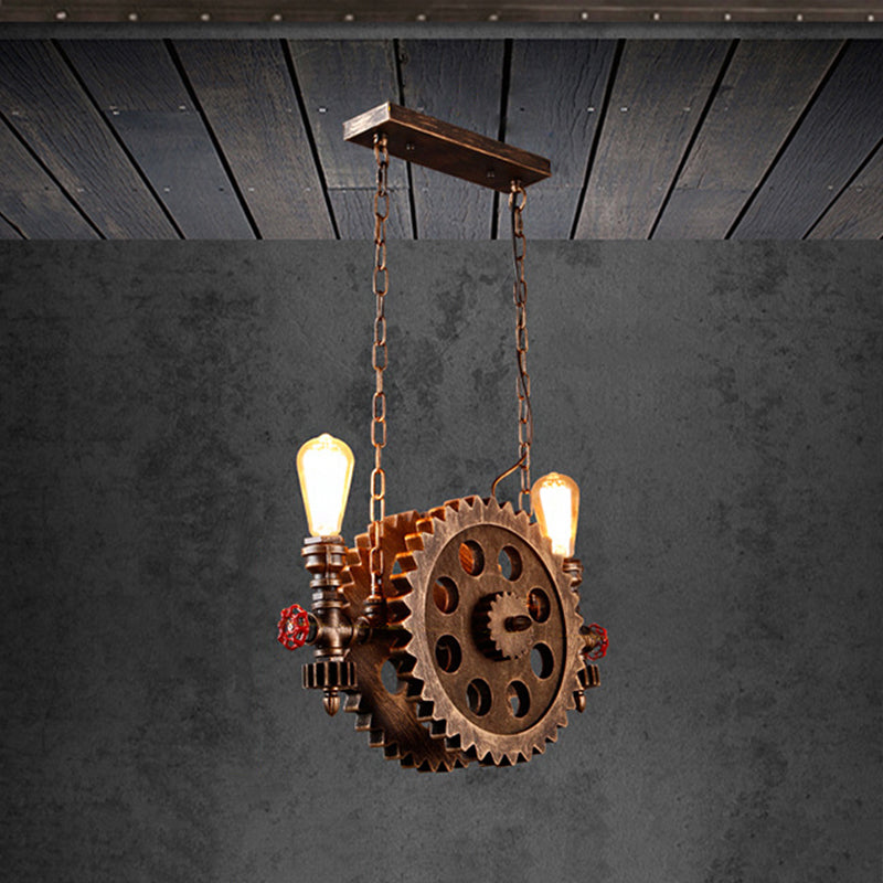 Antique Stylish Gear Pendant Light with Exposed Bulb 2 Lights Metallic Island Pendant Light in Rust for Dining Room