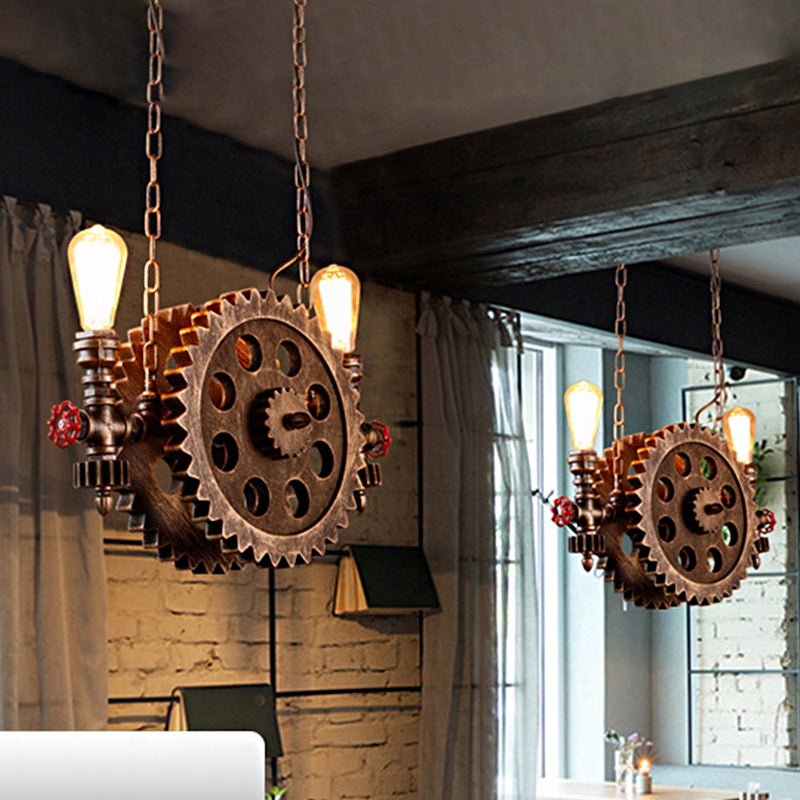 Antique Stylish Gear Pendant Light with Exposed Bulb 2 Lights Metallic Island Pendant Light in Rust for Dining Room